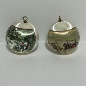 Vintage Satin Decorations of Distinction Two Holiday Ornaments Currier & Ives